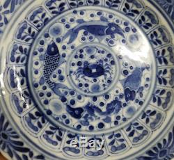 Antique Chinois Bleu Et Glaçure Plaque Blanche Plat Poisson Kangxi Mark