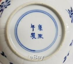 Antique Chinois Bleu Et Glaçure Plaque Blanche Plat Poisson Kangxi Mark