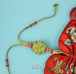 Antique Chinois Chine Qing Broderie De Soie Badge Badge Scent Pouch Purse 1900