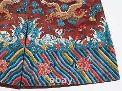 Antique Chinois Chine Robe Dragon Five Clawed Red Qing Silk Textile 19c