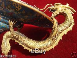 Antique Chinois Émail Cloisonné À Pattes Bronze Dragon Poignées Qing Dynastie