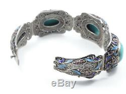 Antique Chinois Export Chunky Turquoise Email Filigrane Panneau Bracelet 6,75