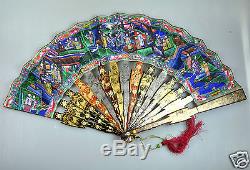 Antique Chinois Handfan Brise Fan Mandarin Qing Or 1000 Visages Laque