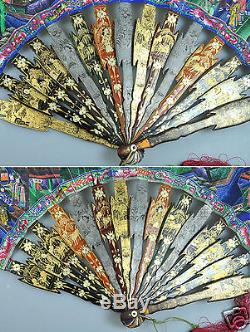 Antique Chinois Handfan Brise Fan Mandarin Qing Or 1000 Visages Laque