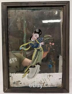 Antique Chinois Inversé Miroir En Verre Peint Lady Encadrée Peinture
