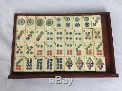 Antique Chinois Os & Bambou Mahjong Set Bois Sac De Transport, 148 117 Tuiles Sticks