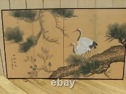Antique Chinois Peint À La Main En Soie Byobu 4 Panneau Pliant Écran Signé 59 X 34