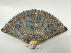 Antique Chinois Pour L'exportation Gilded Silver Filigree & Enamel Brise Fan. Royaume