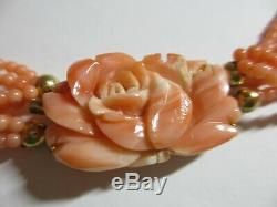 Antique Chinois Profondément Sculpté Saumon Coral Collier À 6 Bandes De Pinces Withrose Clasp