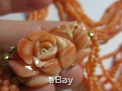 Antique Chinois Profondément Sculpté Saumon Coral Collier À 6 Bandes De Pinces Withrose Clasp