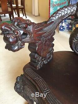 Antique Chinois Sculpté Dragon Nuage Chaise En Bois D'acajou
