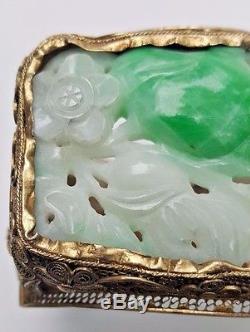 Antique Chinois Sculpté Jade En Argent Doré Bracelet Filigree Estate Bijoux