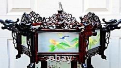 Antique Chinois Sculpté Rosewood Dragon Reverse Glass Painted Panels Lantern, Lampe