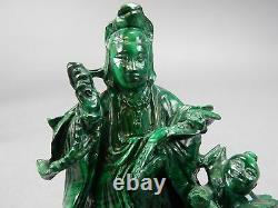 Antique Complexe Sculpté Chinois Malachite Stone Kwan Yin Statue Avec Base 4.5