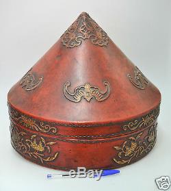 Antique Cour Officier Chinois Chine Qing Hat Mandarin Box Laque Cuir 1900