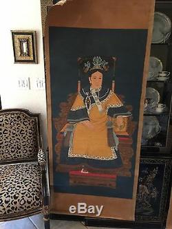 Antique Empereur Chinois Ancestral Et De L'impératrice Peintures Portraits 6' Haute