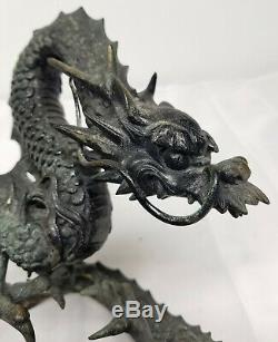 Antique Fine Sculpture En Bronze Chinois Japonais Dragon Figure Statue Meiji