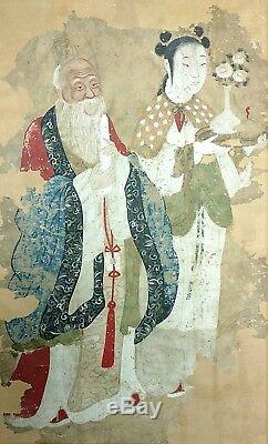 Antique Ming 21in Chinois Ou Qing Guan Yin Immortal Rouleau De Peinture Pour Restaurer