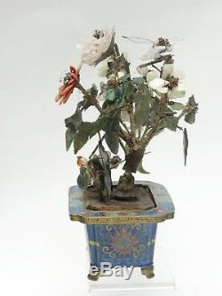 Antique Qing Chinois Cloisonné Jardinière Avec Jade Fleur Arbre