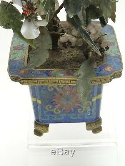 Antique Qing Chinois Cloisonné Jardinière Avec Jade Fleur Arbre