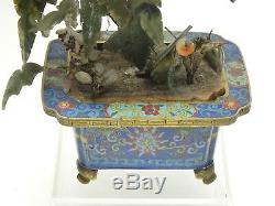 Antique Qing Chinois Cloisonné Jardinière Avec Jade Fleur Arbre