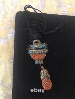 Antique Qing Dynasty Kingfisher Plume Pendentif Coral Chinois Tian-tsui
