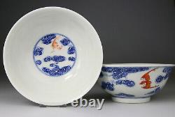 Antique Rare Paire De Porcelaine Chinoise Bols Bleu Blanc Guangxu Période 19ème