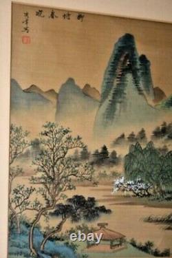 Antique Signé Peinture Japonaise Sur Soie Paysage Village Art Asiatique Chinoise Vtg