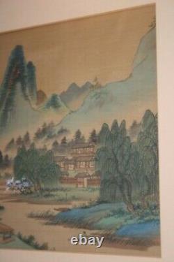 Antique Signé Peinture Japonaise Sur Soie Paysage Village Art Asiatique Chinoise Vtg