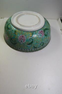 Antique Vinage 19e C Chines Porcelaine Famille Rose Green Enamel Dragon Bowl