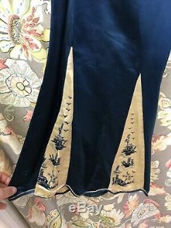 Antique Vintage 1920 Asie Soie Brodé Set Chinois En Pyjama Bleu Et Blanc