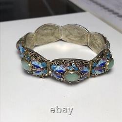 Antique Vintage Asiatique En Argent Sterling Et Émail Filigrane Néphrite Bracelet Jade