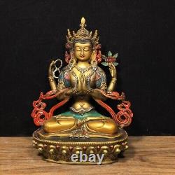 Antique chinois en cuivre pur peint quatre bras Guanyin