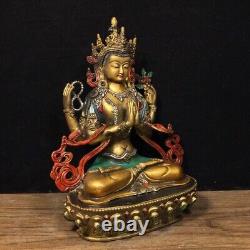 Antique chinois en cuivre pur peint quatre bras Guanyin