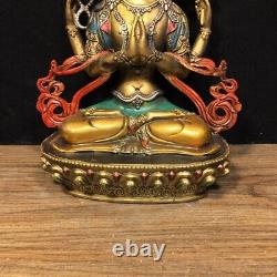 Antique chinois en cuivre pur peint quatre bras Guanyin