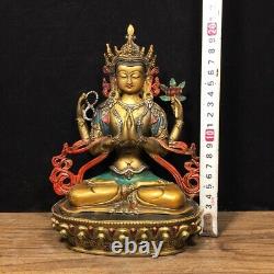 Antique chinois en cuivre pur peint quatre bras Guanyin