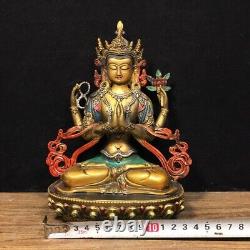 Antique chinois en cuivre pur peint quatre bras Guanyin