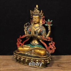 Antique chinois en cuivre pur peint quatre bras Guanyin