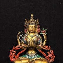 Antique chinois en cuivre pur peint quatre bras Guanyin