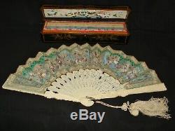 Antiques Chinois Mandarin Export Fan Dans La Boîte Originale Laque, Vers 1850
