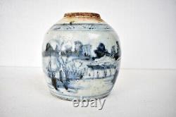 Antiques Chinois en porcelaine bleue et blanche représentant des pots à gingembre avec une pirogue dans la rivière