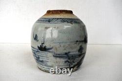 Antiques Chinois en porcelaine bleue et blanche représentant des pots à gingembre avec une pirogue dans la rivière