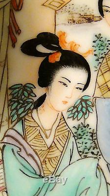 Antiquité 19c Porcelaine Chinoise Peinte À La Main Famille Verte Plaque Trois Femmes
