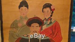 Antiquité 19c Rare Aquarelle Chinoise Défilement Long Peintureemperor Et Sa Famille