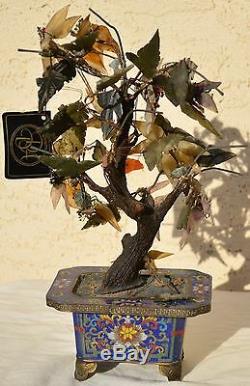 Antiquité Asiatique Chinois Oriental Sculpté Arbre Fleur De Feuille De Jade Avec Planteur Cloisonné