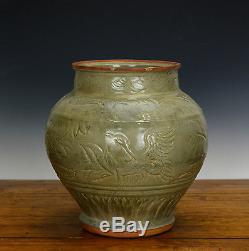 Antiquité Chinois Ming Céladon Longquan Glaze Phoenix Floral Body Porcelain Vase