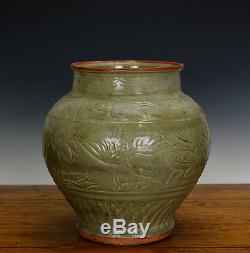 Antiquité Chinois Ming Céladon Longquan Glaze Phoenix Floral Body Porcelain Vase