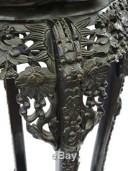 Antiquité Qing Chinois Lourd Sculpté En Bois Dragon Motif Marbre Haut Jardiniere Stand