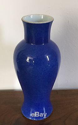 Antiquité Vase Chinois En Porcelaine Poudre Monochrome Bleu Balustre 19ème Kangxi