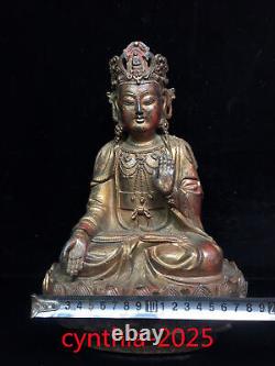 Antiquités chinoises Statue de Guanyin Bodhisattva assise en lotus doré en cuivre pur